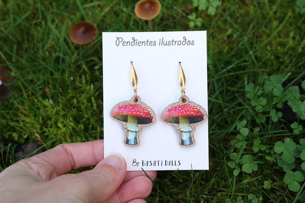 Pendientes setas amanita de madera