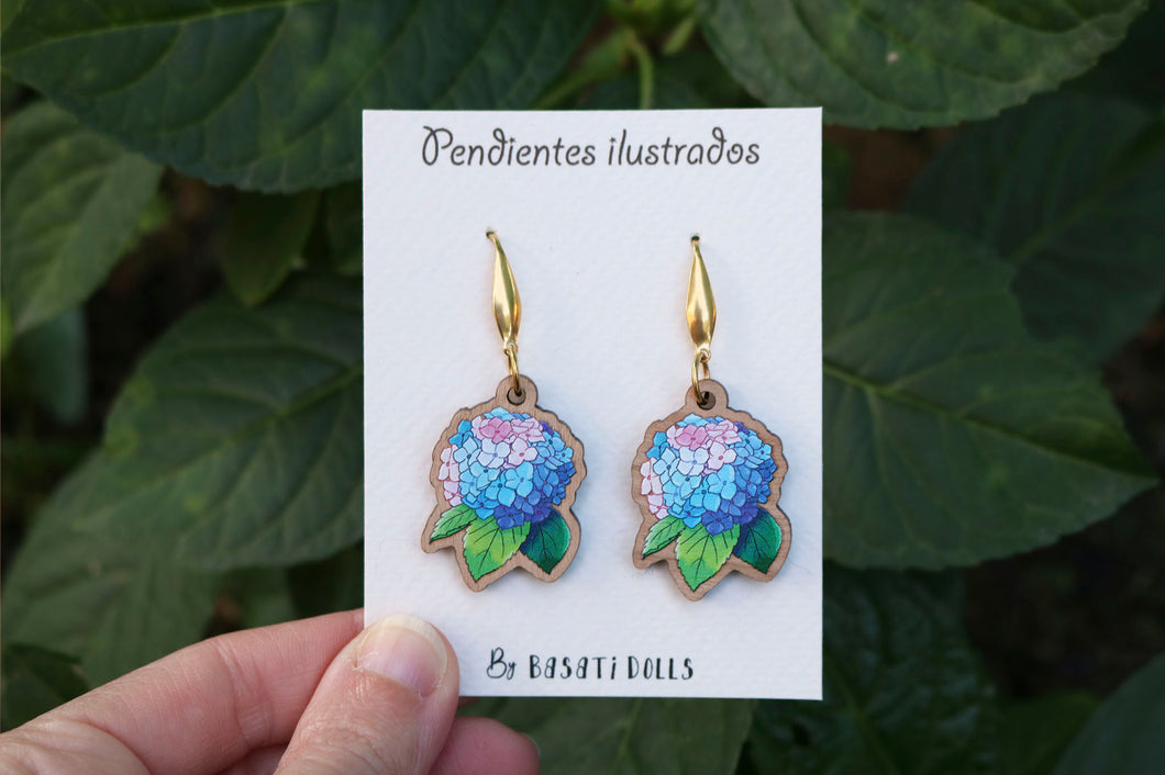 Pendientes hortensias de madera