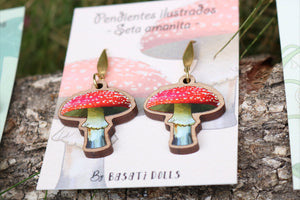 Pendientes seta amanita de madera