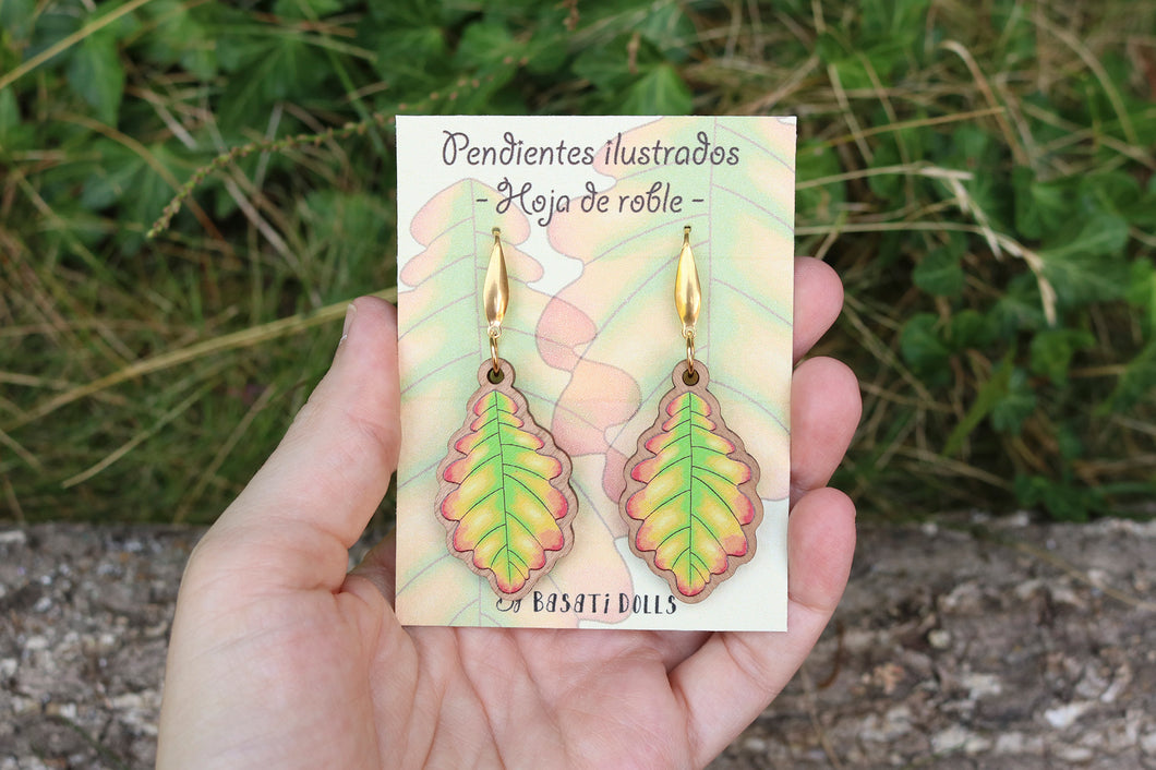 Pendientes hoja de roble de madera