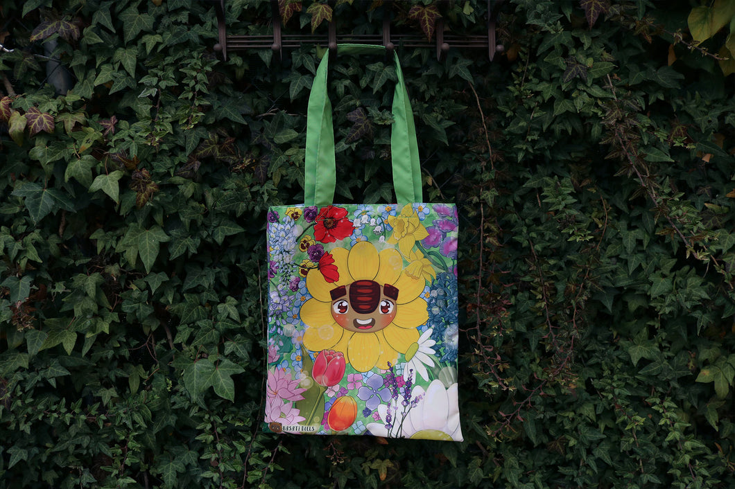 Bolsa tote de troll girasol rodeado de flores