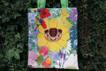 Load image into Gallery viewer, Sunflower troll tote bag surrounded by flowers
