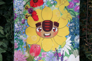 Sunflower troll tote bag surrounded by flowers