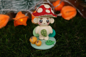 Mycota amanita diorama with bushes, mushrooms and leaf