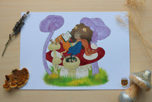 Load image into Gallery viewer, Ngumbi and Mossy in the mushroom forest print
