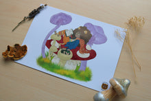 Load image into Gallery viewer, Ngumbi and Mossy in the mushroom forest print
